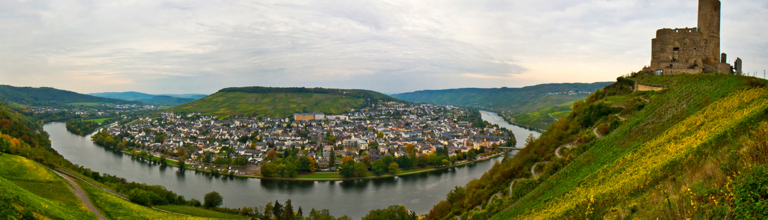Die Untermosel. Blick auf den Fluß mit einer Burgruine am rechten Bildrand und einer Ortschaft auf der anderen Moselseite im Zentrum - Martina Wagner Immobilien