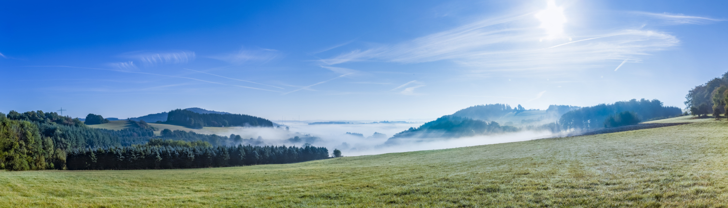 Landschaft in der Vordereifel bei strahlendem Sonnenschein und Morgennebel im Hintergrund - Martina Wagner Immobilien