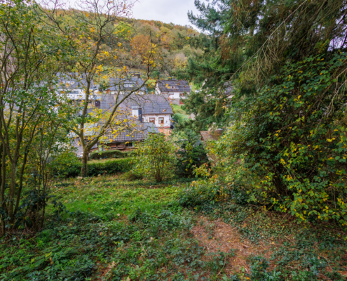 Ausblick von der oberen Gartenebene, man sieht einige Hausdächer und viel grün.