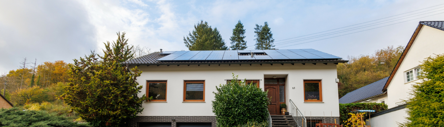 Außenansicht Immobilie, Links Abstellschuppem mit Mülltonnen, Mittig 2 Garagentore und rechts Treppenaufgang zur Eingangtür, daneben Vorgartenbereich mit Tanne. Das Dach hat eine PV Anlage, der Himmel ist blau mit Schleierwolken